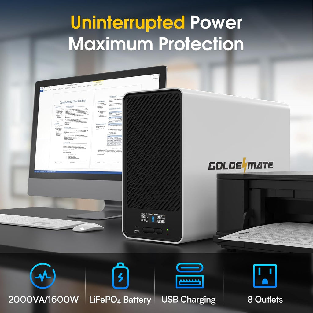 GOLDENMATE 2000VA/1600W Lithium UPS Battery Backup and Surge Protector, Backup Battery Power Supply with LiFePO4 Batteries(460Wh), AVR, Line Interactive Sinewave UPS System, 8 Outlets, LCD Display