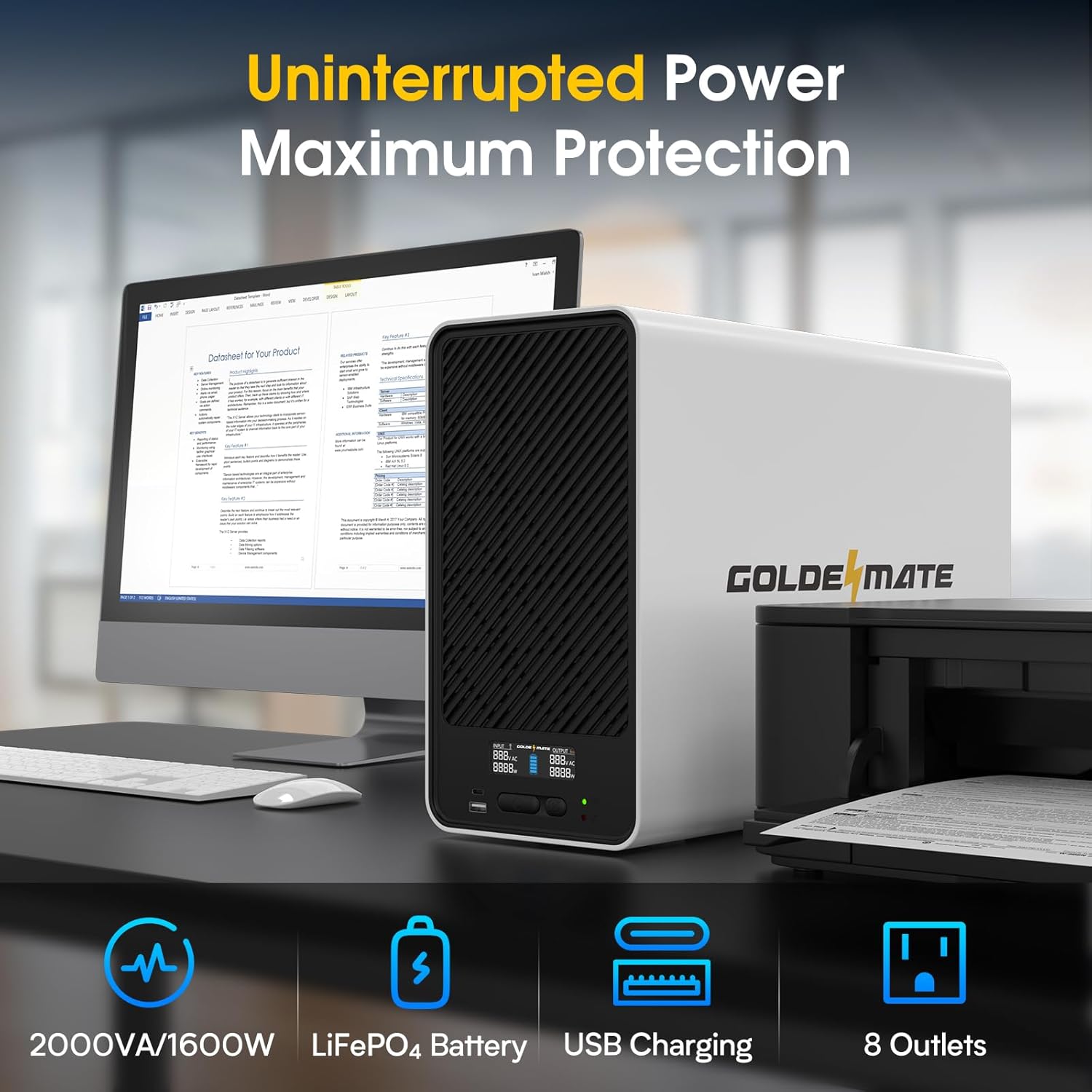 GOLDENMATE 2000VA/1600W Lithium UPS Battery Backup and Surge Protector, Backup Battery Power Supply with LiFePO4 Batteries(460Wh), AVR, Line Interactive Sinewave UPS System, 8 Outlets, LCD Display