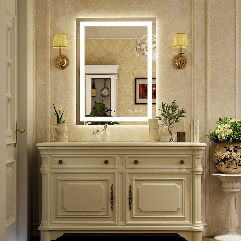 32'' x 24'' LED Bathroom Mirror with Lights, Wall Mirror with Front and Backlight, 3 Colors Vanity Mirror with Lights, Anti-Fog Wall Mirror for Bathroom