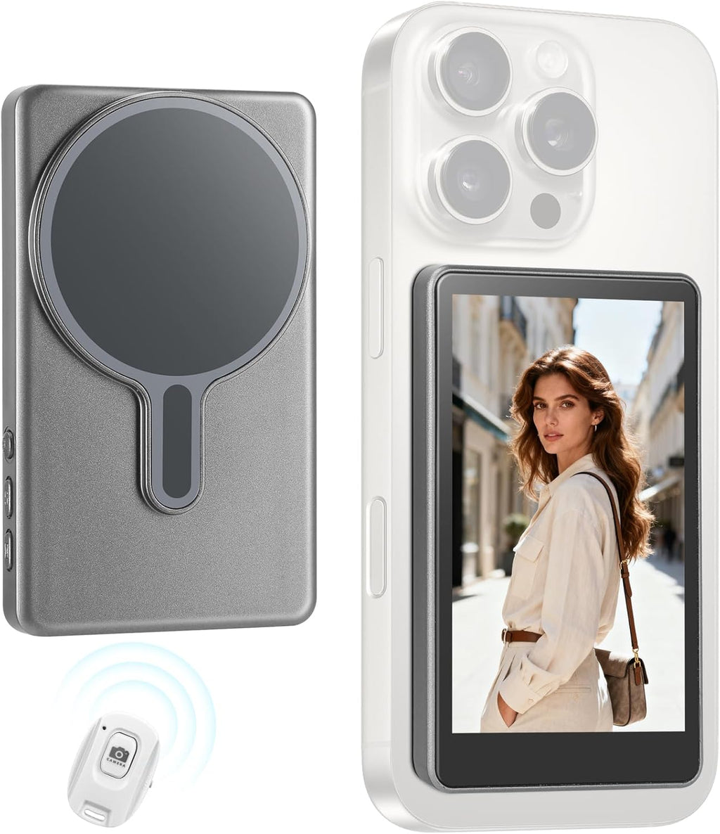 Magnetic Phone Vlog Selfie Monitor Screen,1080P Wireless Recording,Back Camera Selfie Monitor with Bluetooth Remote Control,for Selfie Vlog Live Broadcast,Compatible with iPhone and Android System