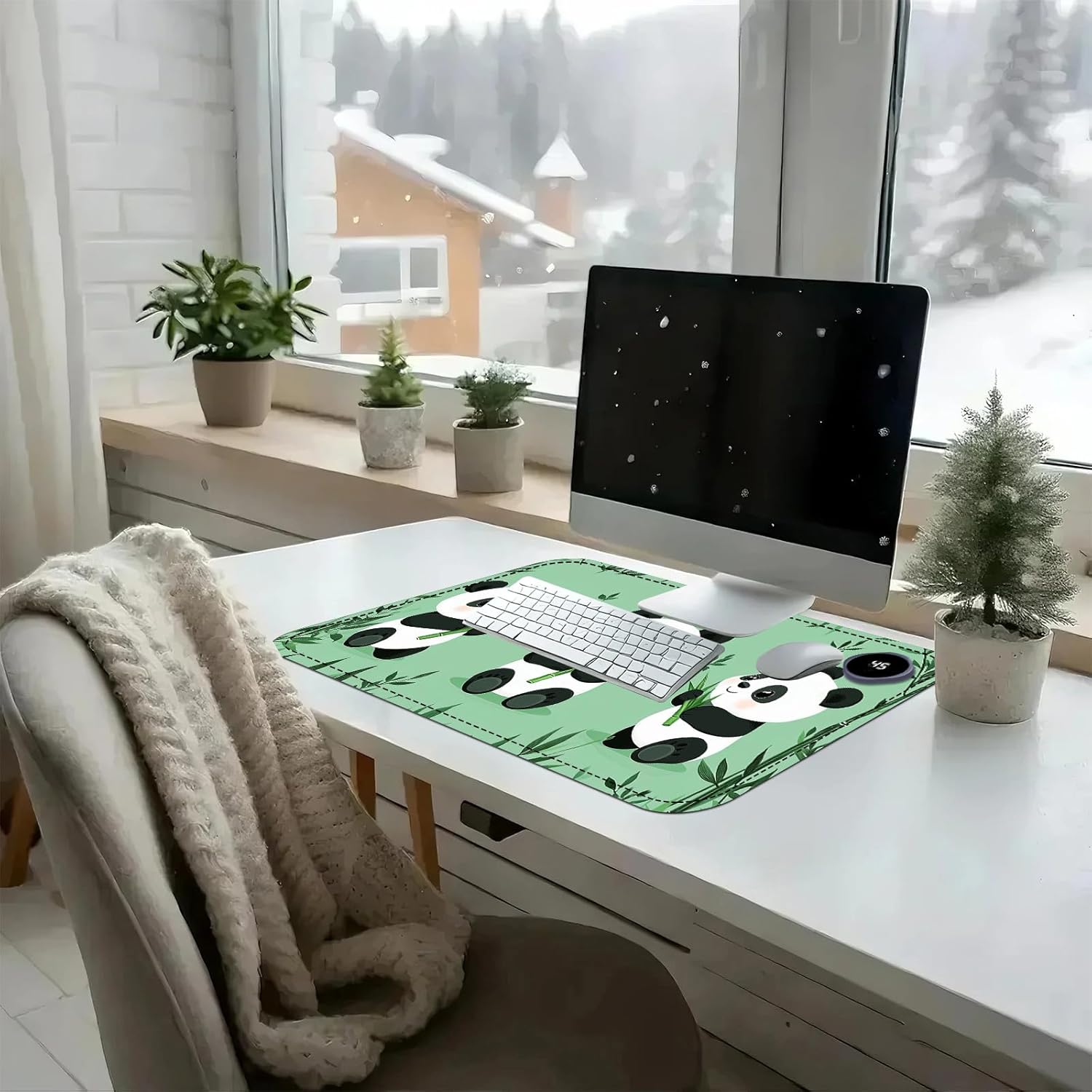 Heated Mouse Pad with 3 Temperature Settings(104°F–122°F),Large 24x14.2 Inch PU Leather Heated Desk Mat,Waterproof Warming Pad for Office,Gaming & Cold Hands Relief,Cute Three Pandas