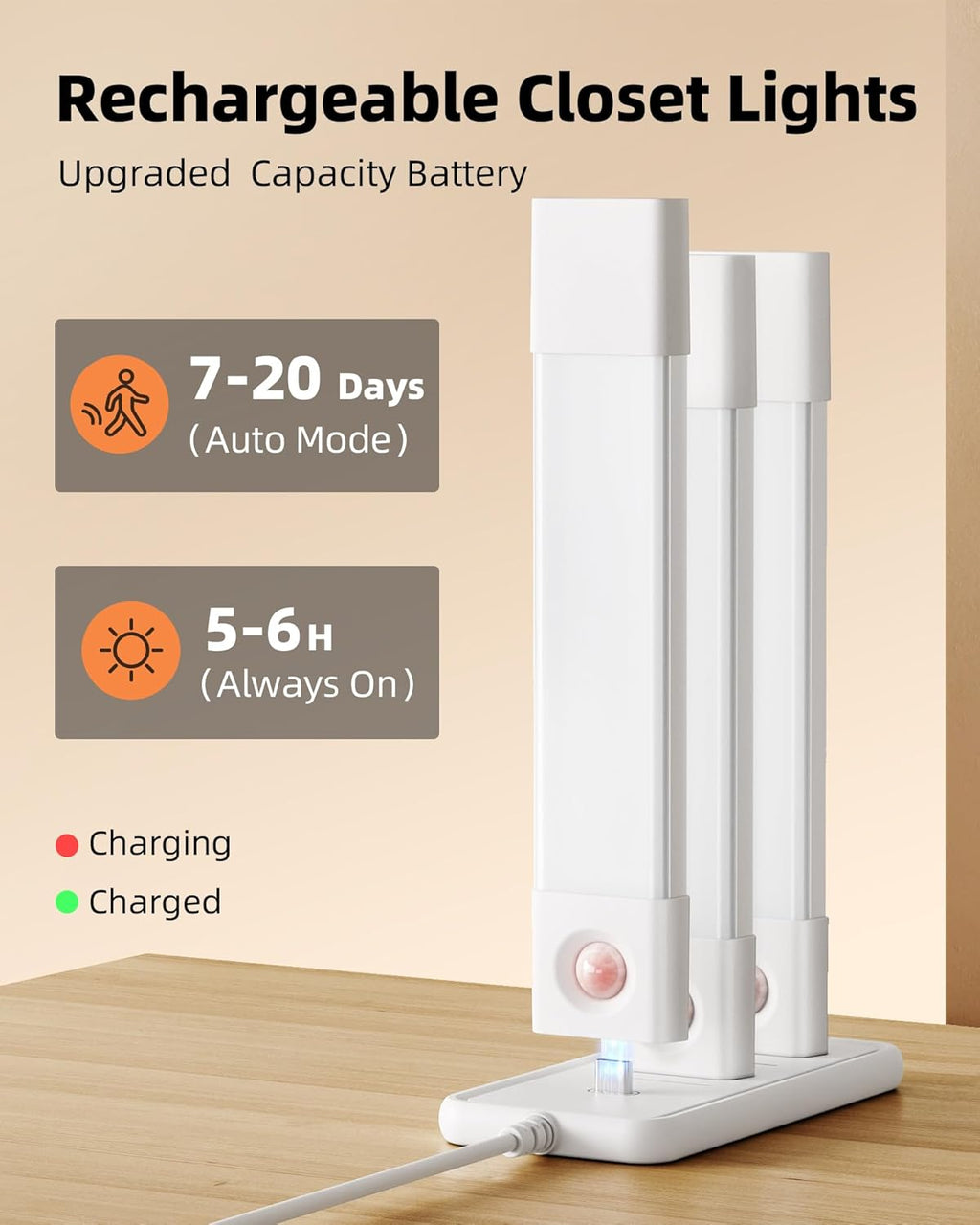 EZVALO 6 Pack Led Under Cabinet Lighting Wireless with Charging Station, 7’’Rechargeable Motion Sensor Light Indoor, 3 Color Dimmable Motion Activated Cabinet Lights for Kitchen Bookshelf, Stair
