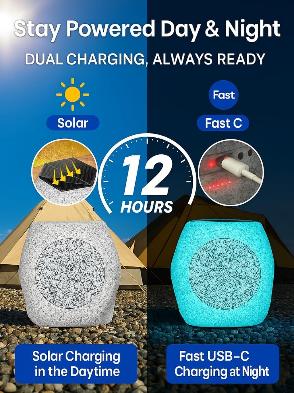 Outdoor Rock Speaker Bluetooth Speakers 48 W Deep Bass (2 Pack) – 16 Hr Playtime, Bluetooth 5.4 TWS Stereo, Aluminum‑Alloy Mesh,IPX5 Waterproof Solar-Powered Speaker Perfect for Pool