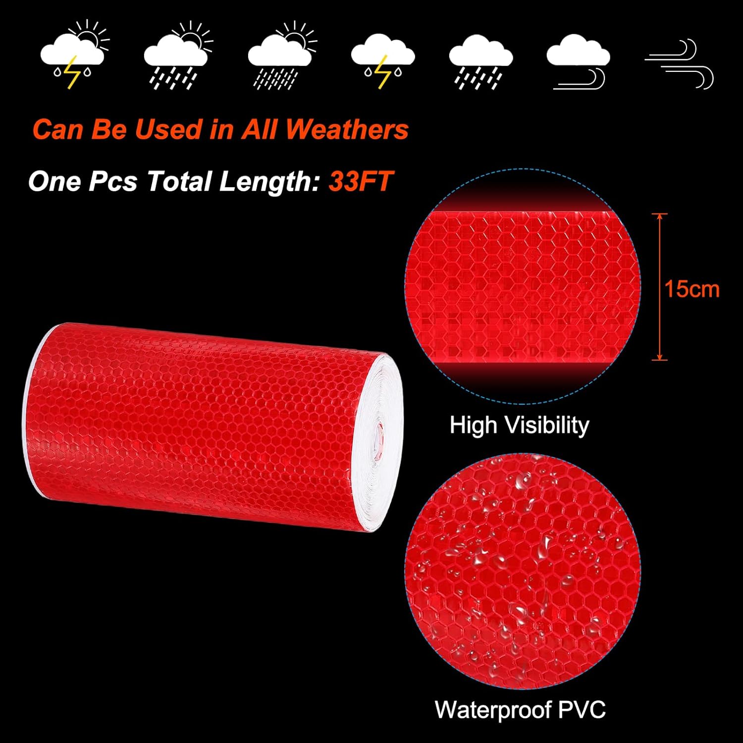 PATIKIL 6 Inch x 33 ft Reflective Tape, 1 Roll Waterproof Self Adhesive High Visibility Caution Warning Safety Tape Reflector with Scraper for Trucks Trailers Cars, Red