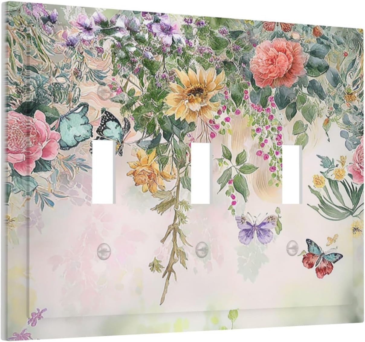 Light Switch Covers Rustic Floral Watercolor Flower Blossom Butterfly 3 Gang Wall Plates Triple Toggle Outlet Cover Decorative Switchplates Electrical Panel Cover for Kitchen Living Room 4.8 X 6.7 IN