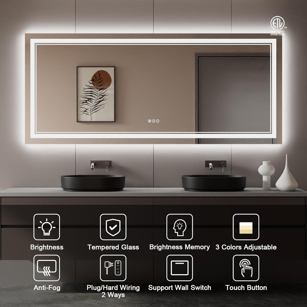 88x38 Inch LED Bathroom Mirror with Lights, Backlit and Front Lighted Bathroom Mirrors for Wall, Anti-Fog Dimmable Memory Shatterproof LED Vanity Mirror for Bathroom