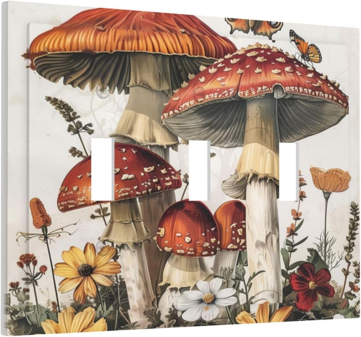 Decorative Switch Plates Mushroom Forest Butterfly Wild Flower 3 Gang Wall Plate Triple Toggle Light Switch Cover Faceplate Electrical Wall Panels For Bed Room Living Room Decor