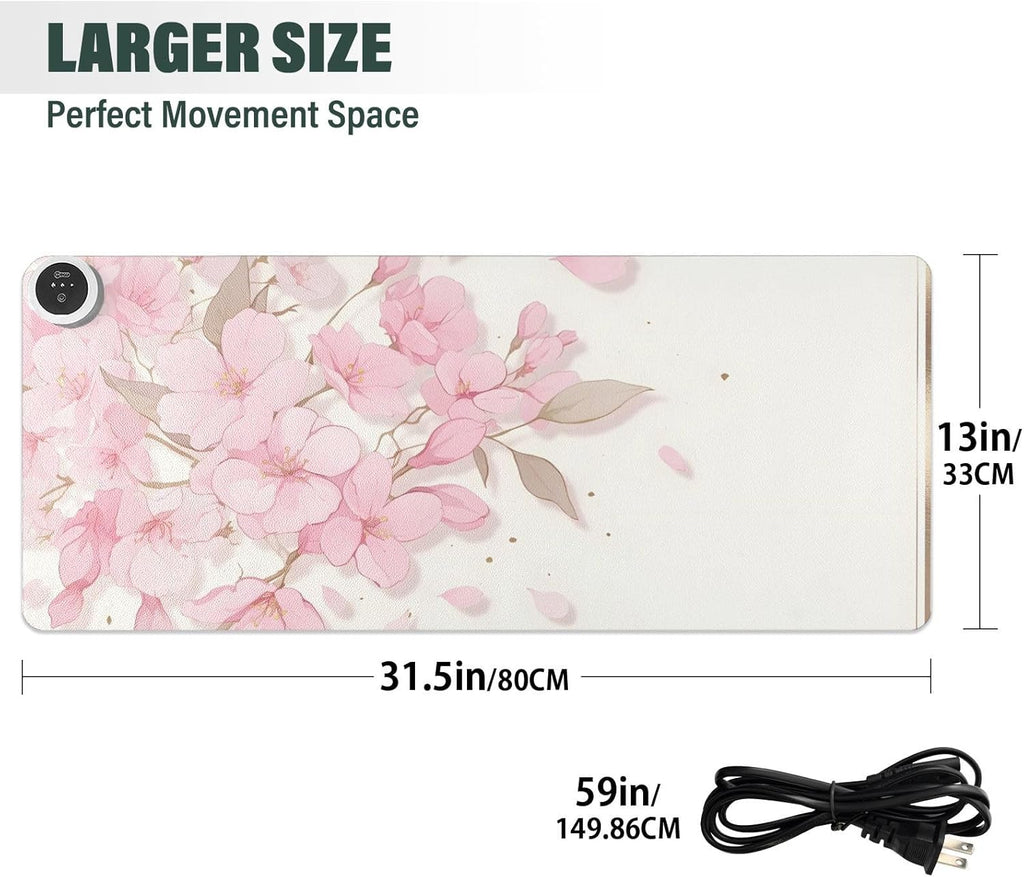 Large Heated Mouse Pad,Leather Desk Mat,31.5"x13",Hand Warmer Pads for Desk,Sakura（Pink White）