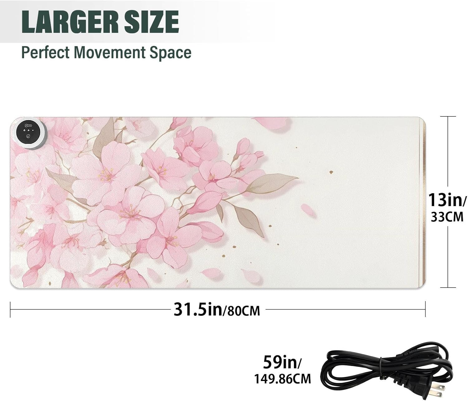 Large Heated Mouse Pad,Leather Desk Mat,31.5"x13",Hand Warmer Pads for Desk,Sakura（Pink White）