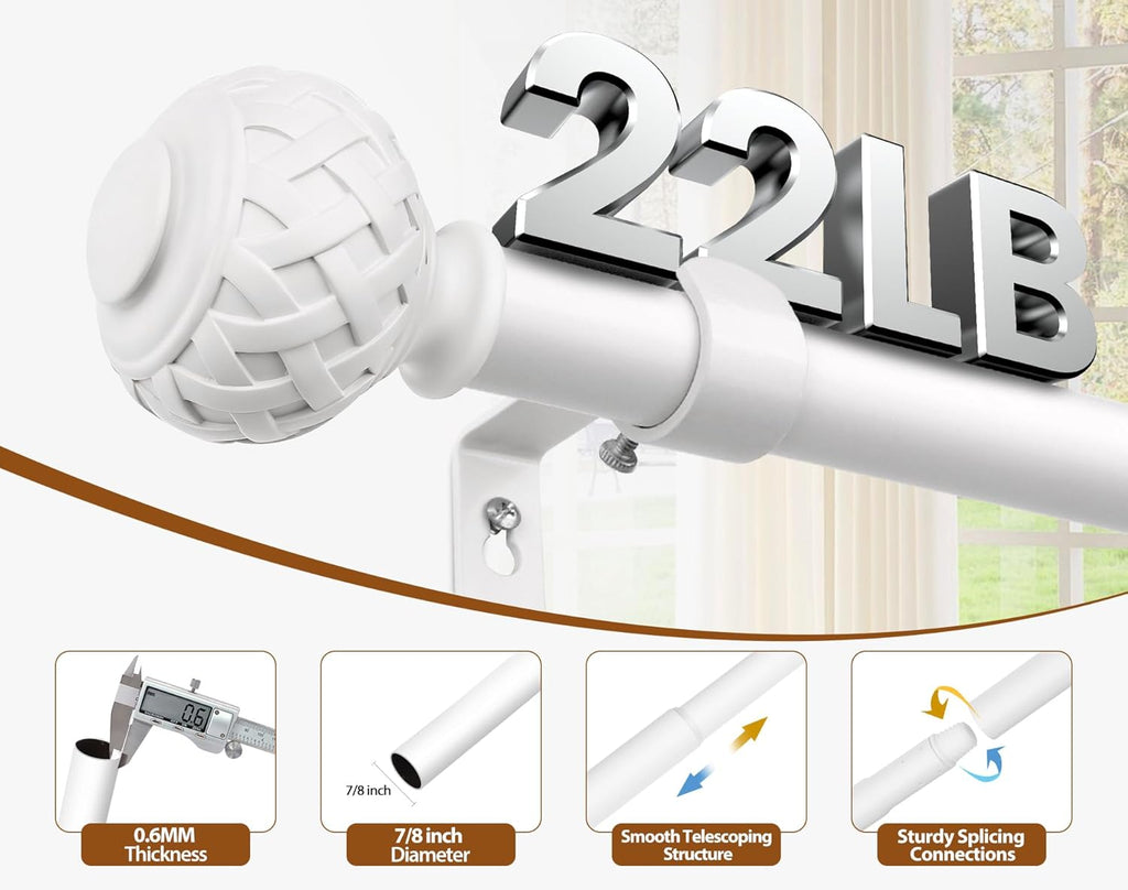 TONIAL White Curtain Rod 32 to 58 Inches, 7/8 Adjustable Curtain Rods for Windows 20 to 54 Inches, Splicing Drapery Rods Heavy duty with Netted Texture Finials
