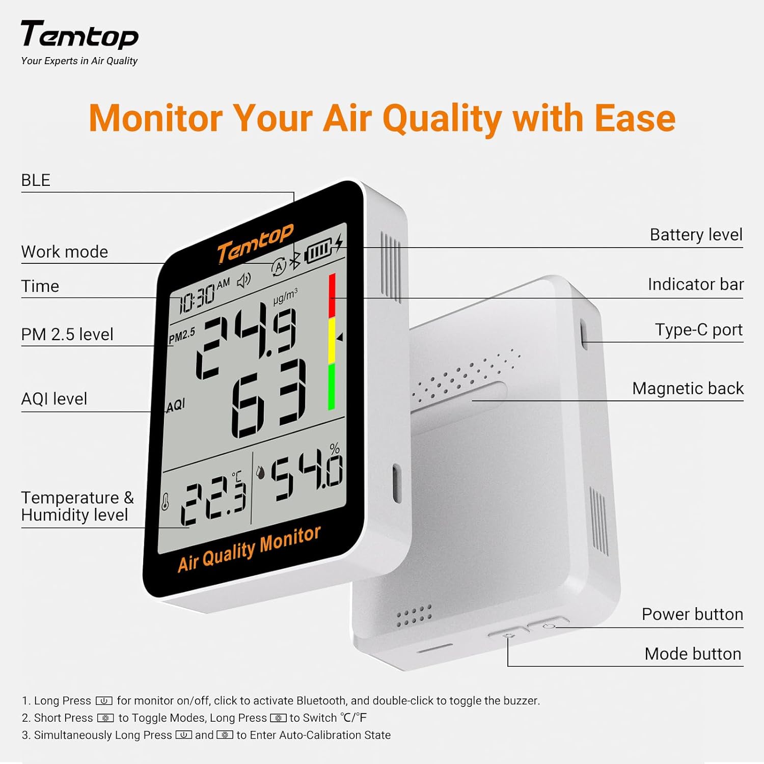 Temtop Smart Air Quality Monitor - Indoor Air Quality Meter with PM2.5, AQI, Temperature and Humidity Detector for Home, Office or School, App Connectivity, OTA Updates, 60-Day Battery Life