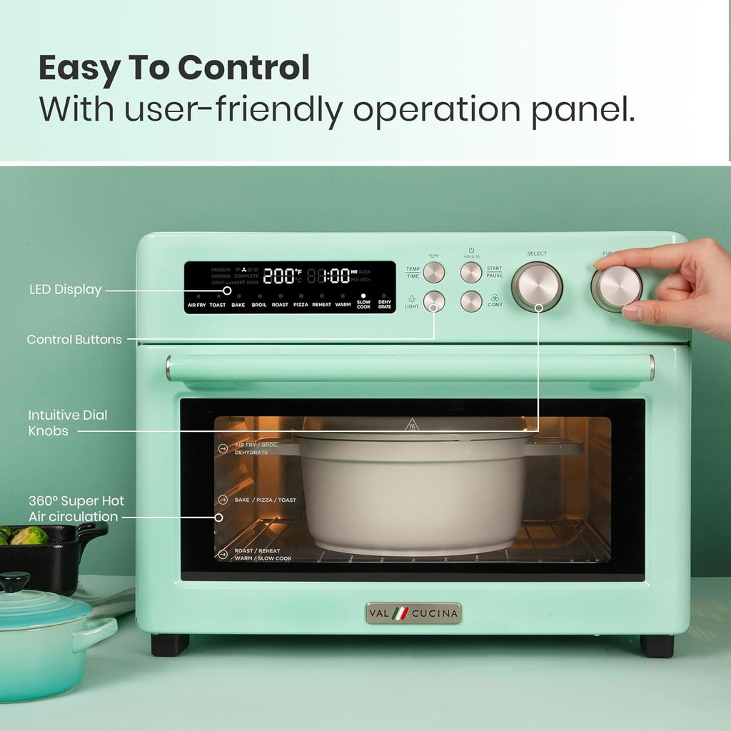 VAL CUCINA Retro Style Infrared Heating Air Fryer Toaster Oven, Extra Large Countertop Convection Oven 10-in-1 Combo, 6-Slice Toast, Enamel Baking Pan Easy Clean with Recipe Book, Green Color