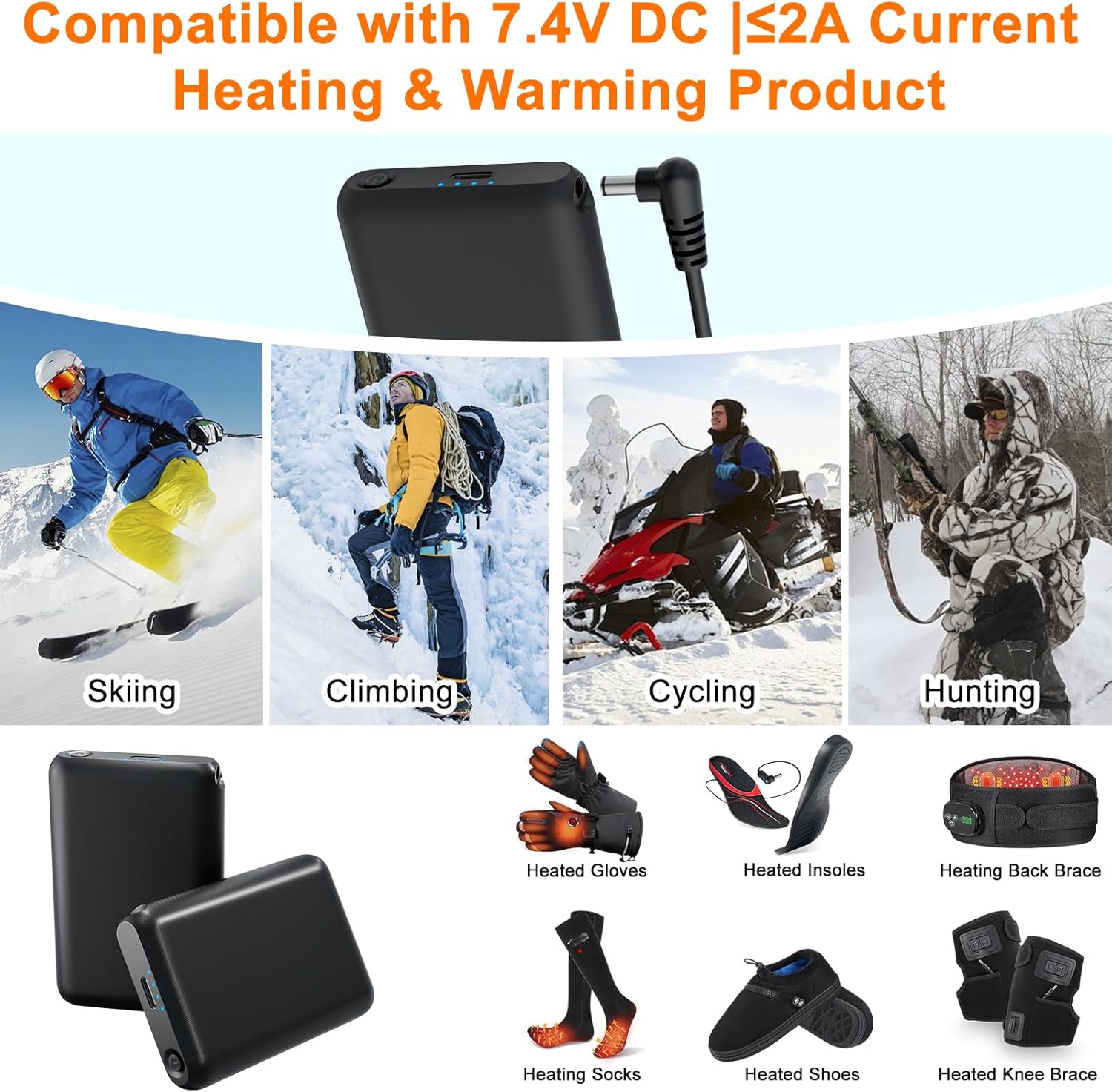 1 Pair 7.4V 2A 3000mAh Li-Polymer Rechargeable Battery Pack, Batteries for Battery Heated Glove with 3.5mm Female DC Jack for Heated Gloves, Heated Slippers, Heated Socks, Heated Scarf ＆Heated Insoles