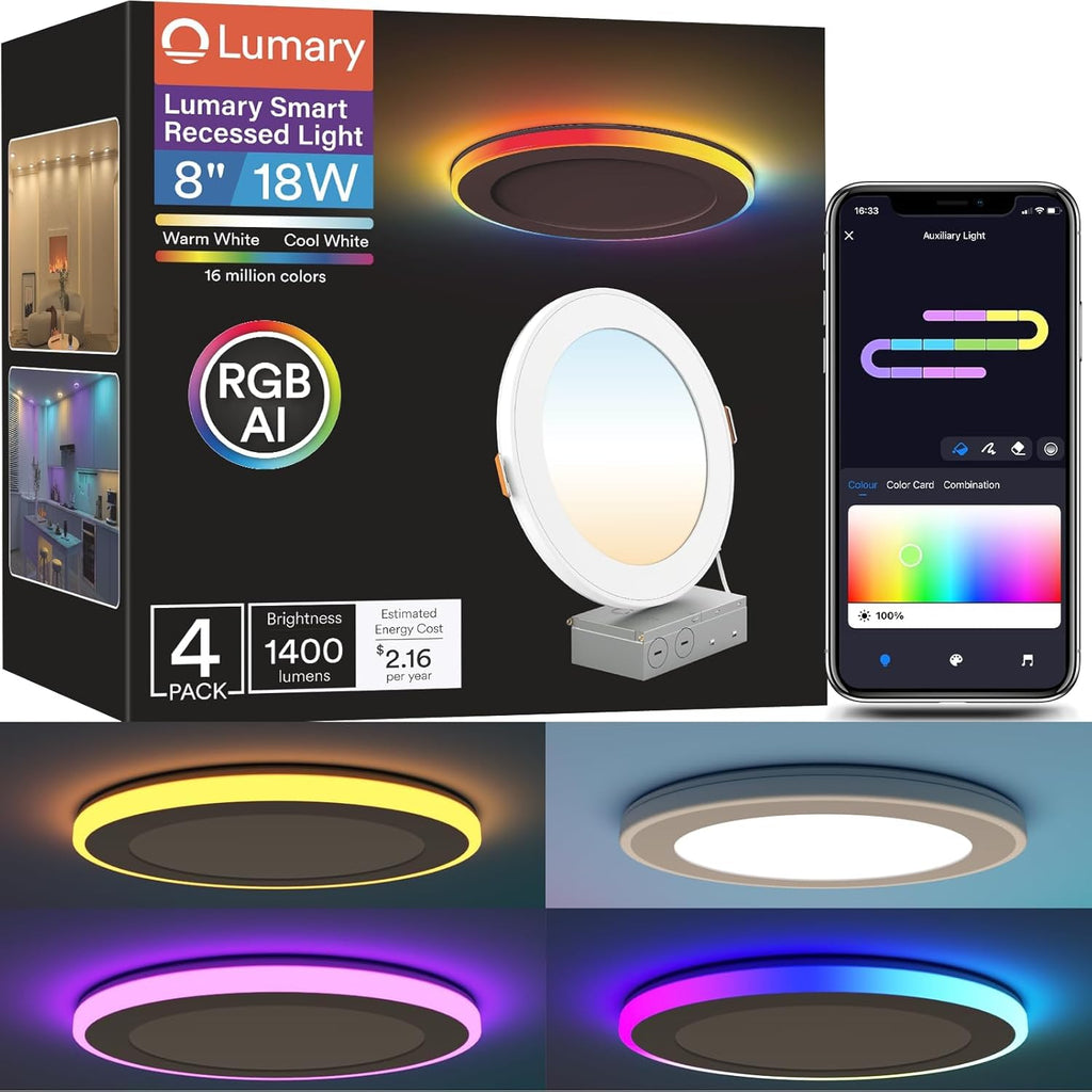 Lumary RGBAI Smart Recessed Lighting 8 Inch with Gradient Accent Light and Night Ring, 18W 1400LM Smart Can-Killer Downlight, Compatible with Alexa/Google Assistant/Siri, 4PCS