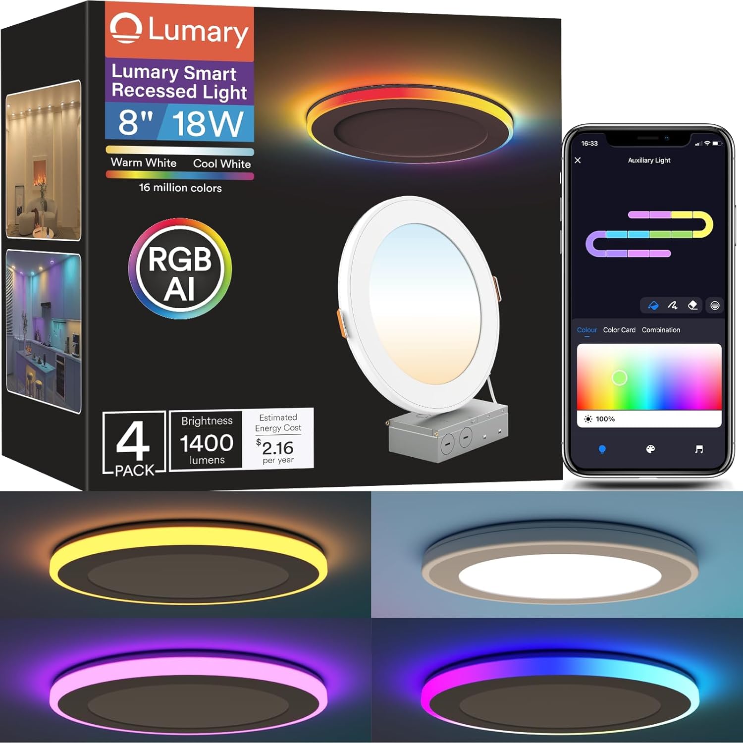 Lumary RGBAI Smart Recessed Lighting 8 Inch with Gradient Accent Light and Night Ring, 18W 1400LM Smart Can-Killer Downlight, Compatible with Alexa/Google Assistant/Siri, 4PCS