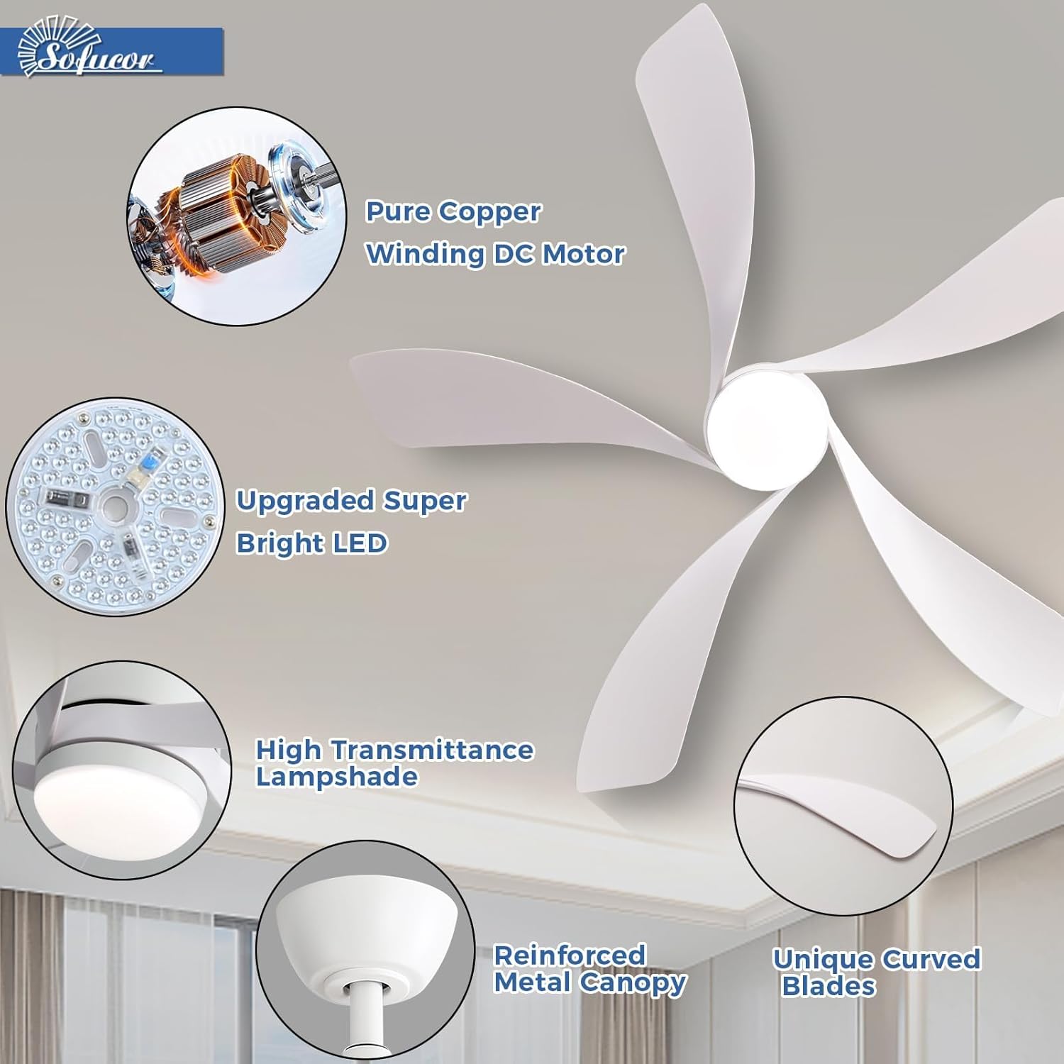 Sofucor 52 Inch Ceiling Fans with Lights and Remote, Outdoor Ceiling Fan with Light 6-Speed 3 CCT 3-Timer, White Low Profile Ceiling Fan 5 Blade Reversible DC Motor for Living Room Bedroom Patio