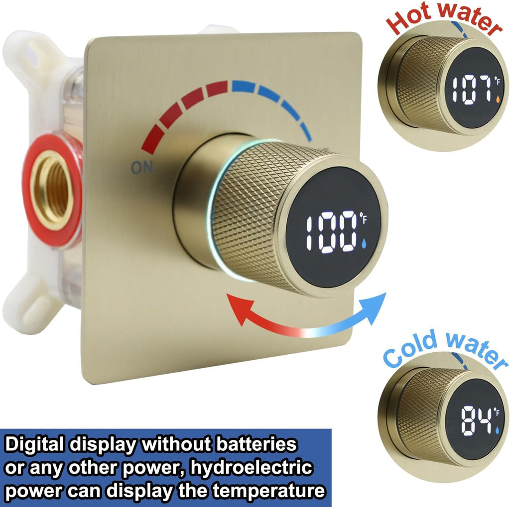 Concealed LED Digital Display Shower Diverter Valve Shower Mixing Valve Single Way Can Use All the Time Brushed Gold