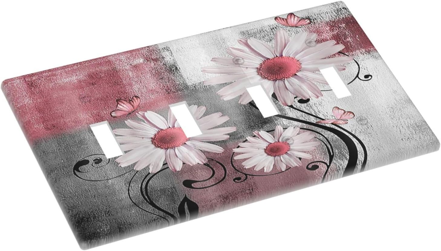 Light Switch Covers Pink Floral Rustic Daisy Flower And Butterfly Quad Toggle 4 Gang Wall Plate Electrical Faceplate Decorative Switch Plates for Farmhouse Cabin Decor