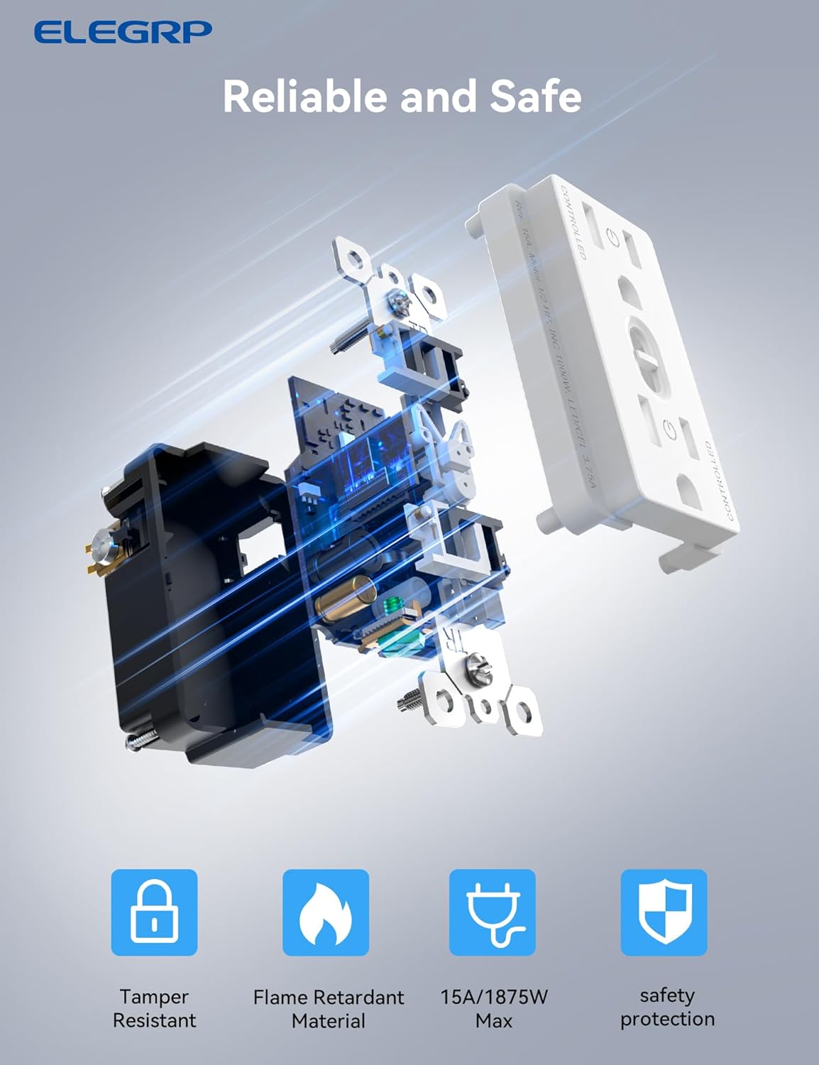 ELEGRP Smart Plug, Smart in-Wall Outlet Compatible with Alexa and Google Assistant, 2.4GHz Wi-Fi Smart Receptacle with Energy Monitoring, No Hub Required, UL Listed, White, 6 Pack