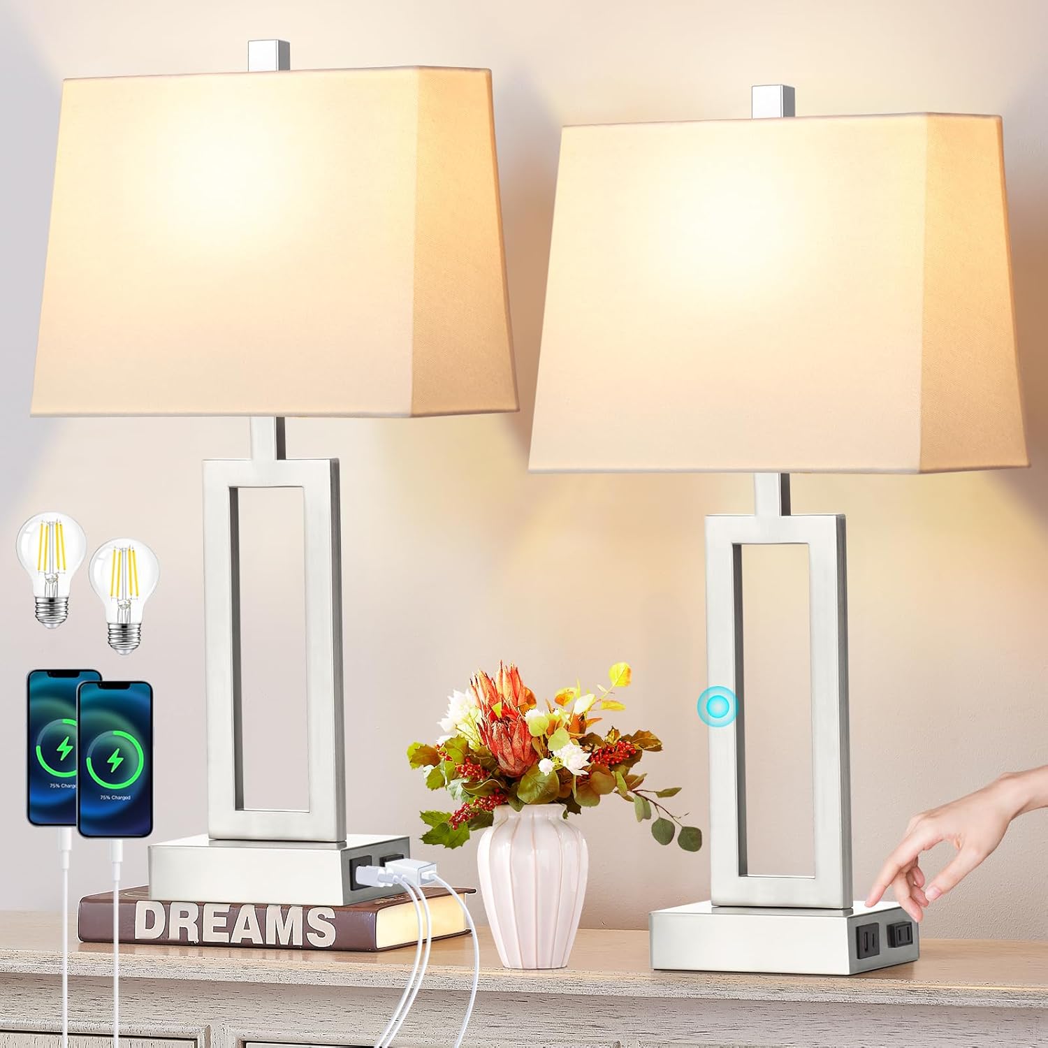 Touch Control Table Lamps for Living Room, 3-Way Dimmable Modern Table Lamp with USB A+C Charging Ports & AC Outlets, Bedside Contemporary Nightstand Desk Lamps with Fabric White Shade for Bedrooms