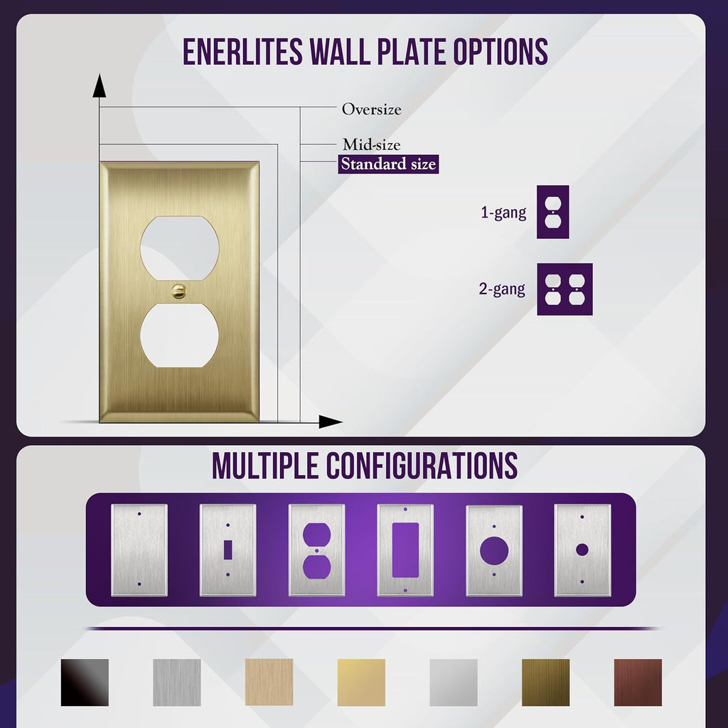 ENERLITES Duplex Receptacle Metal Wall Plate, Outlet Cover, Corrosion Resistant, Size 1-Gang 4.50" x 2.76", Stainless Steel 201, 7721-BB, Brushed Brass, Gold, Standard