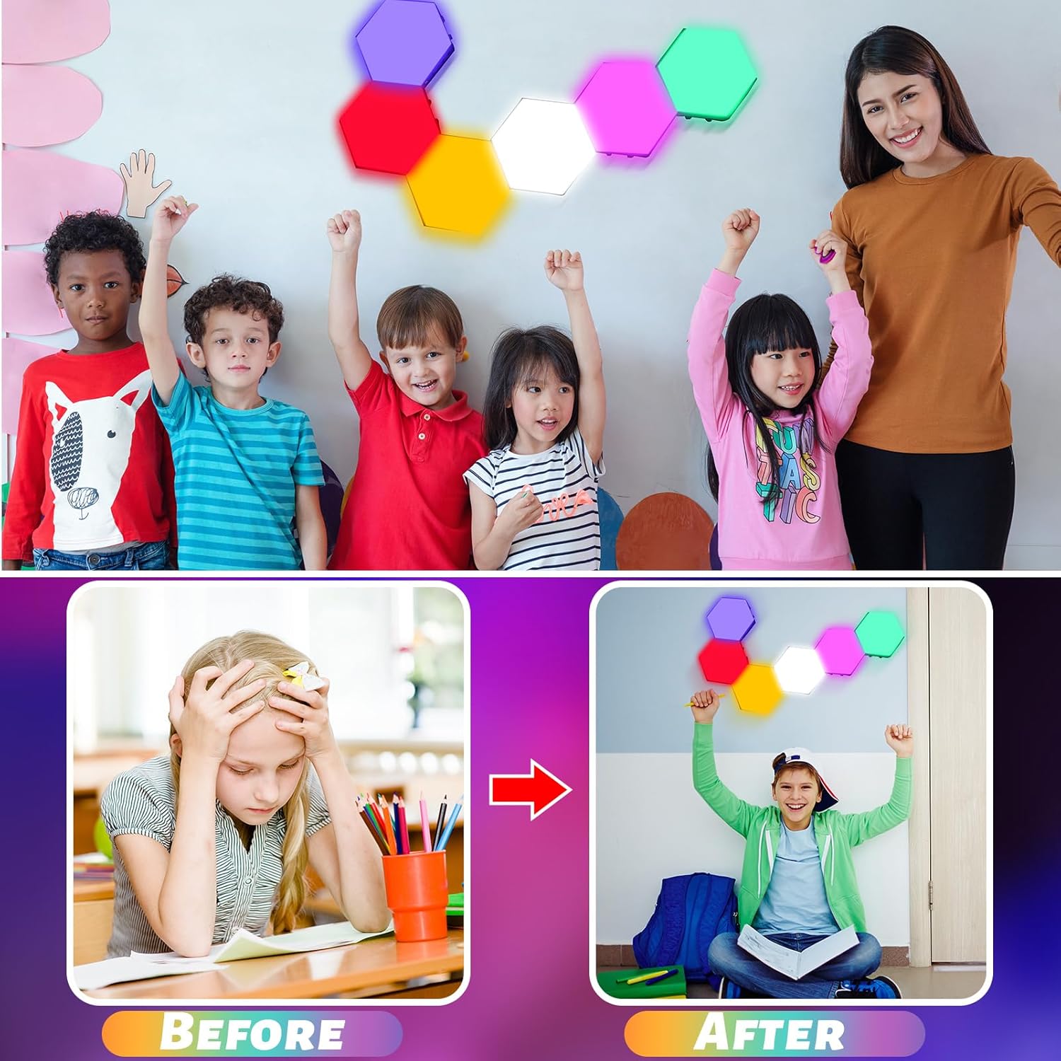 6 Pcs Hexagon Autism Lights LED Wall Panels Touch Sensitive Lights Visual Stimulation for Home Living Room Kids Bedroom Decor Autism Gift Adults