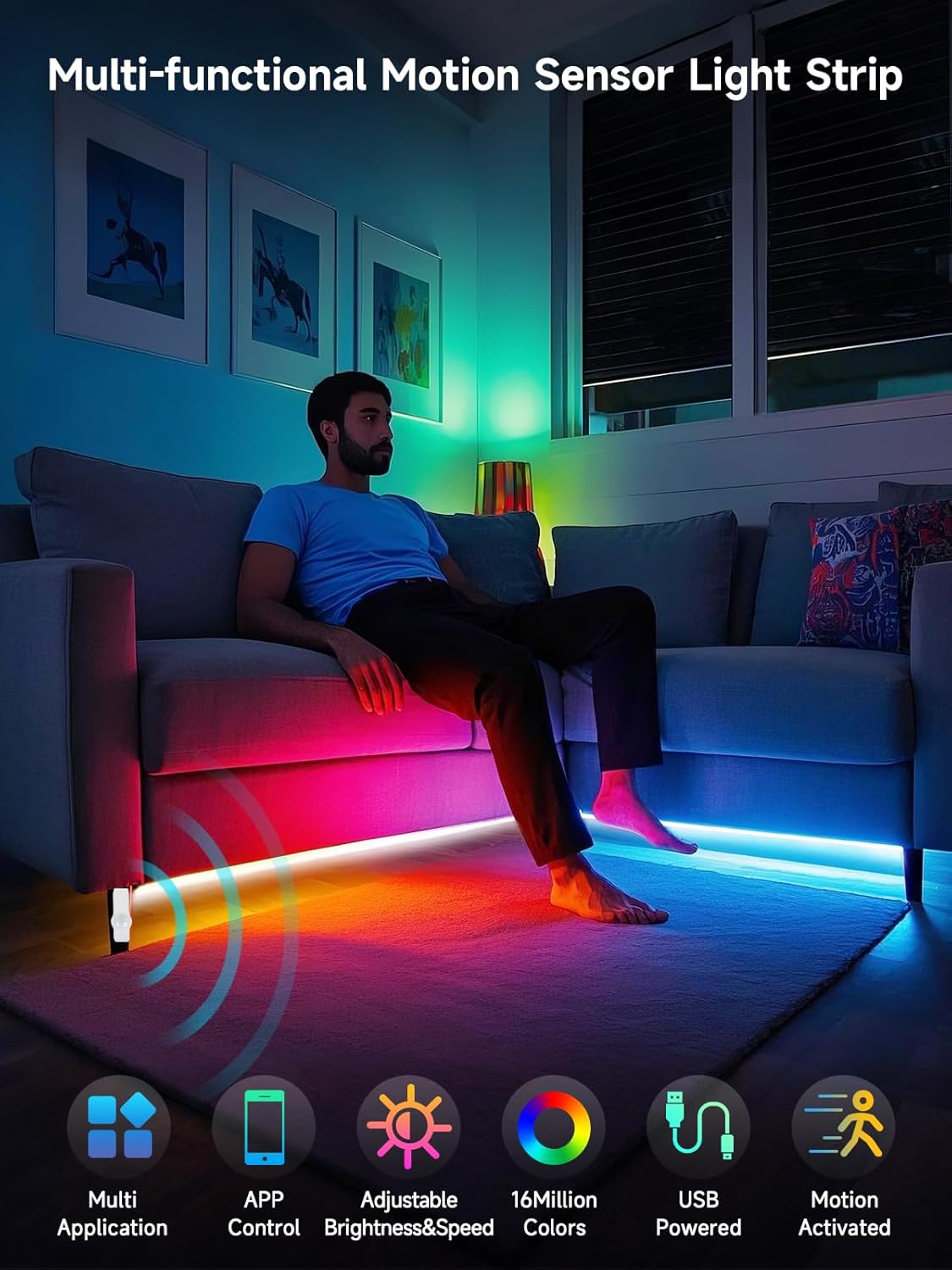 Motion Activated LED Light Strip, 16.4FT Motion Sensor LED Light Indoor with APP Control, Under Bed Lights Motion Sensor with 5V USB Powered, Suitable for Bed Cabinet Staircase Bedroom