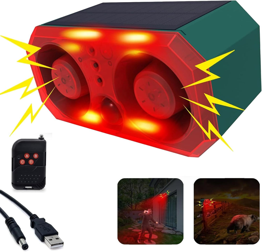 Solar Outdoor Motion Detector Sensor Alarm, Personalize Recording Siren & Strobe Lights, 2 * 130db Dual-Specker, builtin 13 Sounds Modes Bluff & Intimidate Warning with Remote Controller (1)