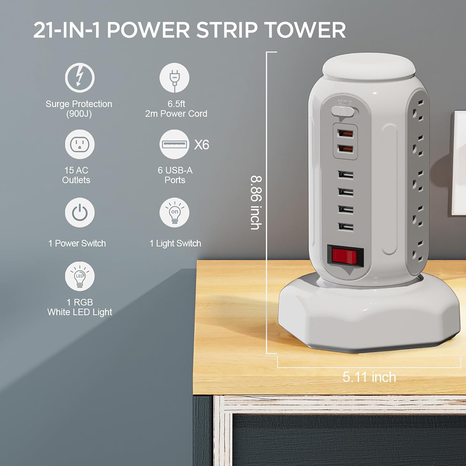 Power Strip Surge Protector Tower, 15 AC Outlets and 6 USB Ports with LED Light, Retractable Heavy Duty Extension Cord with Multiple Outlets, USB Charging Station with Right Flat Plug (White)