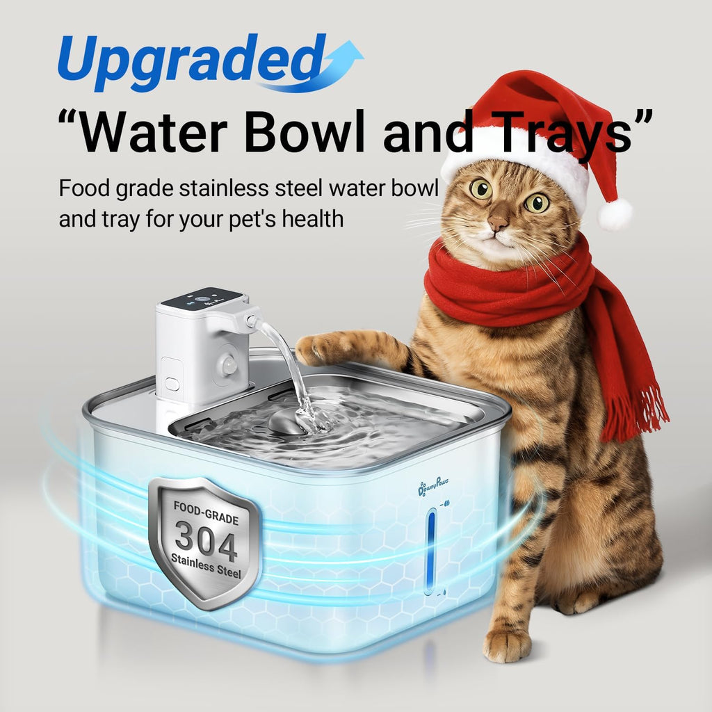 DownyPaws Cat Water Fountain Stainless Steel Wireless, 101 oz/3L FurSink Cordless Water Fountain for Cats, Battery Operated Cat Fountains for Drinking with Motion Sensor, Easy Clean, White