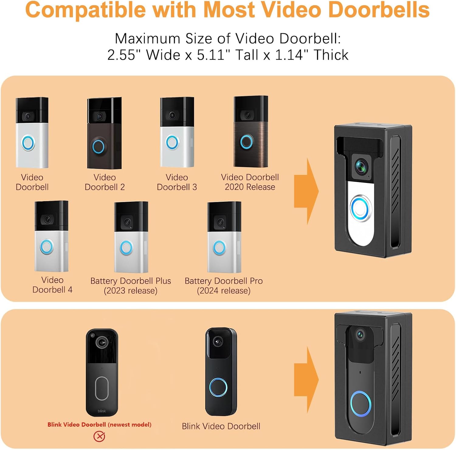 No Drill Adhesive Video Doorbell Mount Compatible for Ring/Blink Video Doorbell, Not Block Doorbell Sensor, QIBOX Anti-Theft Camera Mount Bracket Cover Holder