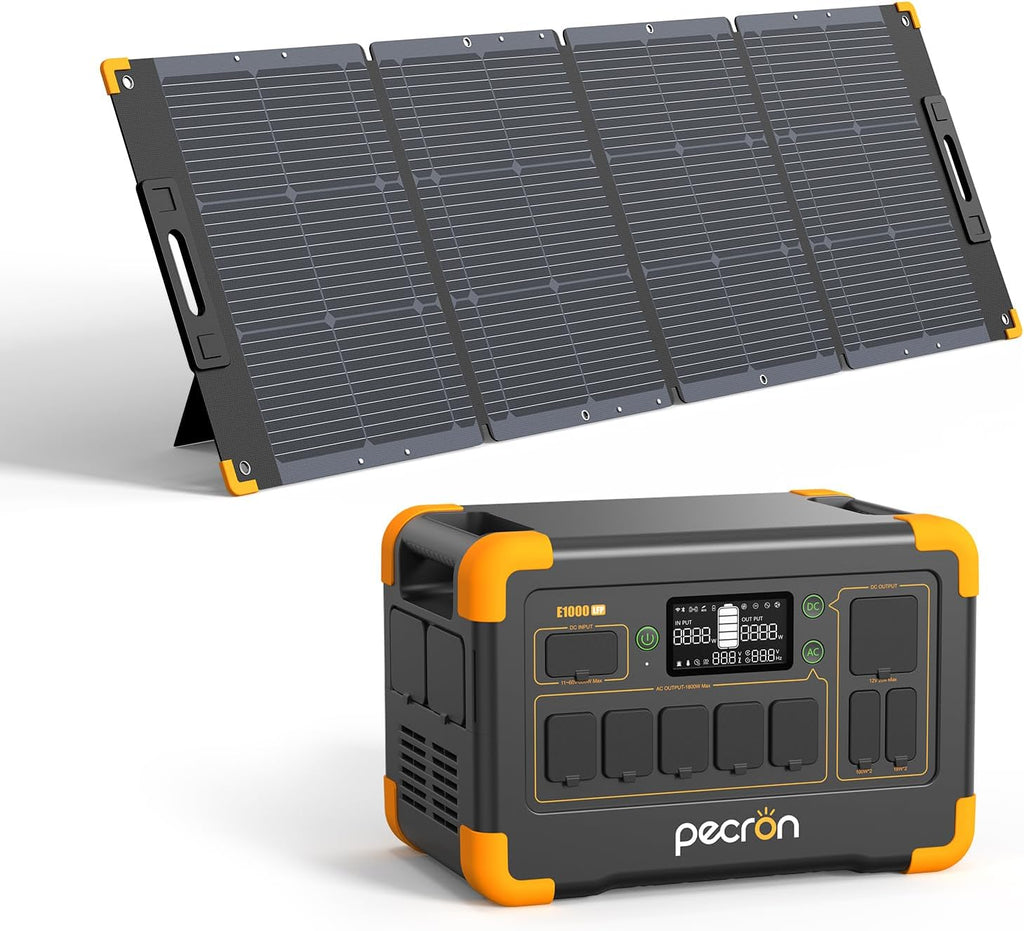 pecron Solar Generator E1000LFP with 200W Solar Panel, 1024Wh/1800W LiFePO4 Battery Backup, Portable Power Station Expandable to 4096Wh, Fast Charging Power Station for Emergencies, Camping, RV, Home