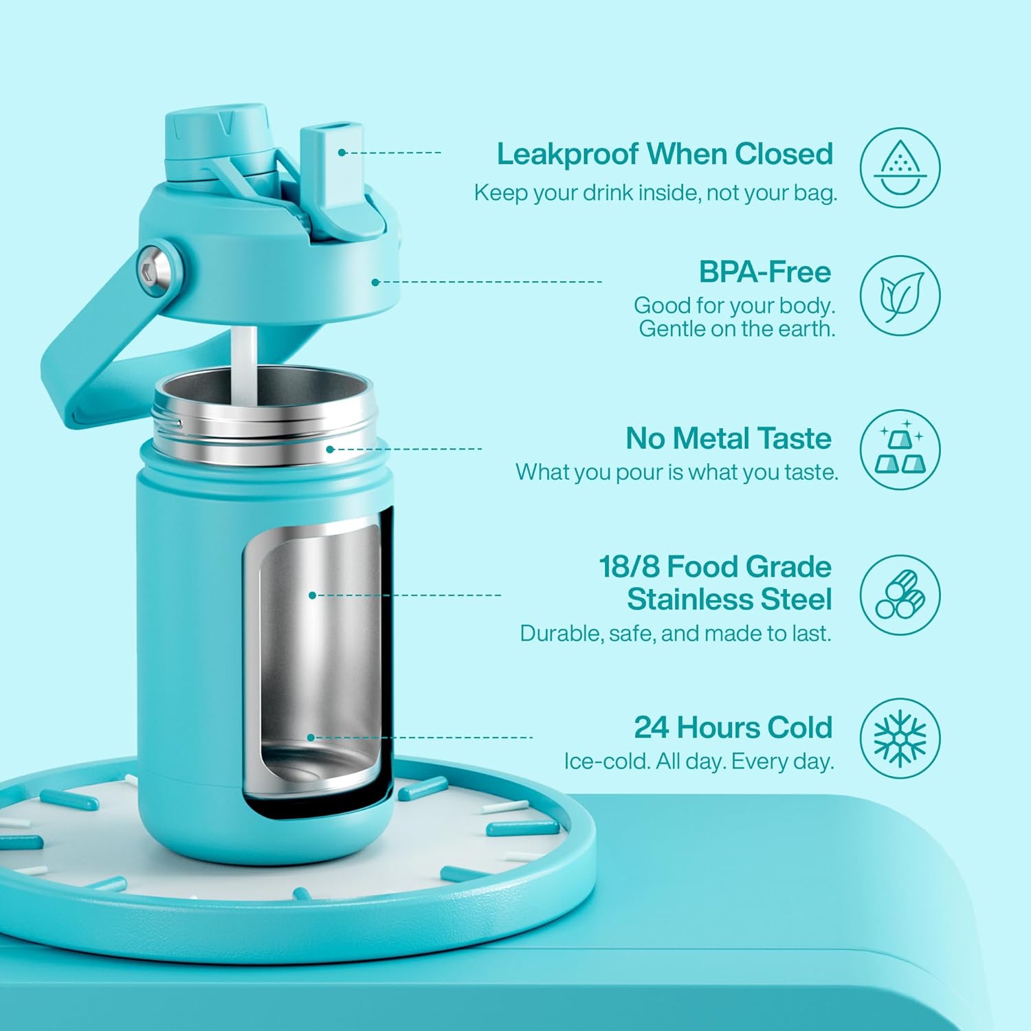 Kids Insualated Water Bottle with Straw - 12oz Stainless Steel Water Bottle with Dual Spouts, Leak-Proof, BPA-Free, Double Wall Vacuum Keeps Cold for 24 Hours for Sports, Travel (Aquamarine Blue)