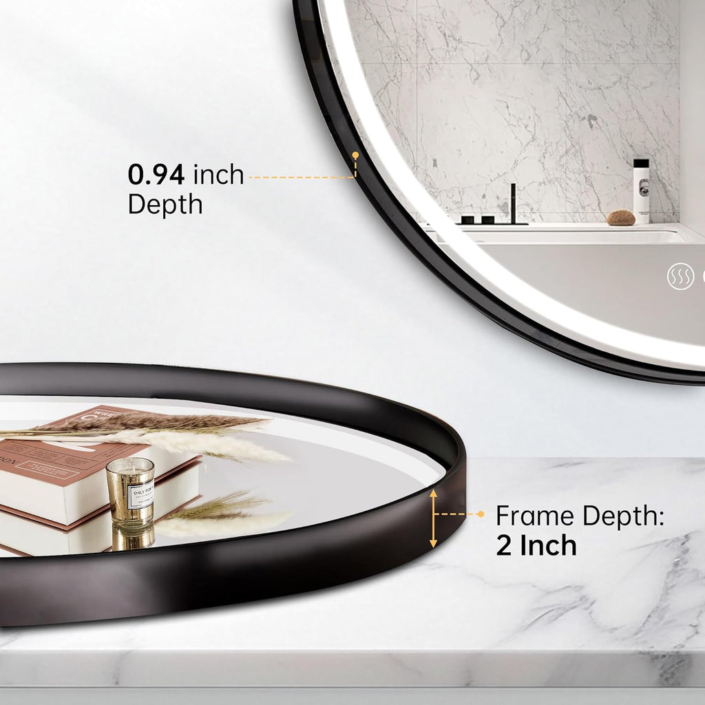 32 Inch Round Led Mirror, Bathroom Mirror with Lights, Black Metal Framed Frontlit Circle Mirrors for Wall with Anti-Fog, Memory Function, 3 Color Temperature, Dimmable Makeup Mirror