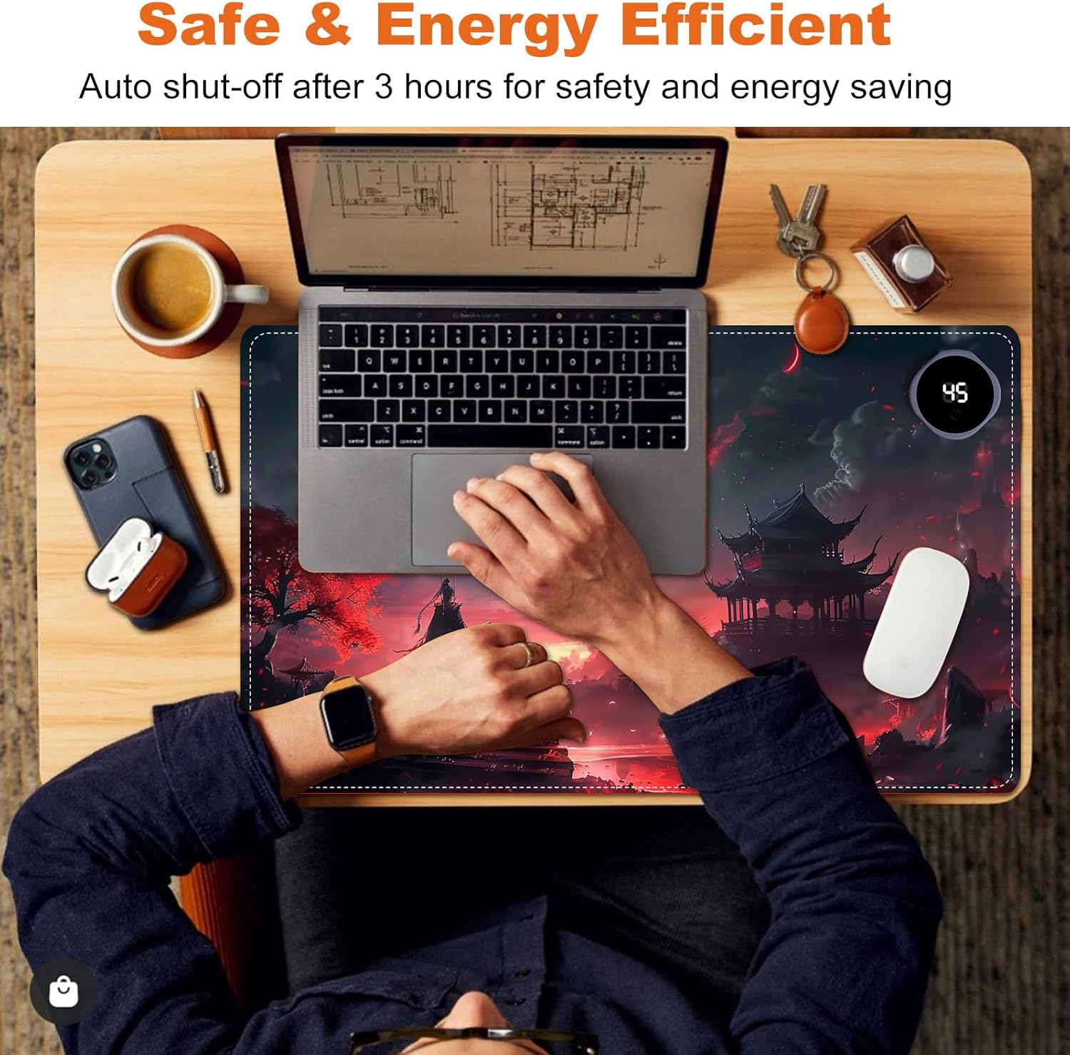 Small Heated Desk Pad 23.6" x 14.2" – Compact Electric Mouse Pad with 3 Heating Levels, Auto Shut-Off, Waterproof PU Surface, Plug-in Warmer for Office or Home Use, Bloody Moonlight