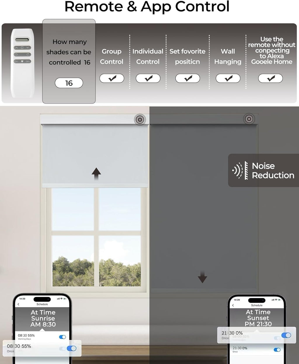 AIVIDIG Motorized Roller Automatic Shade with Remote Control, 100% Blackout Electric 21-98” Width Blinds for Windows with Alexa Google Home, Rechargeable Smart Customized Size（Waterproof-Light Grey）