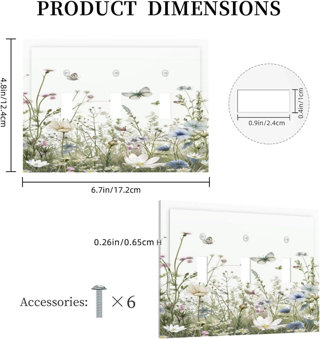 Colorful Wildflowers Daisy Plant Butterfly Floral Decorative Switch Plates 3 Gang Wall Plate Triple Toggle Light Switch Cover Faceplate Electrical Wall Panels for Bed Room Living Room Decor