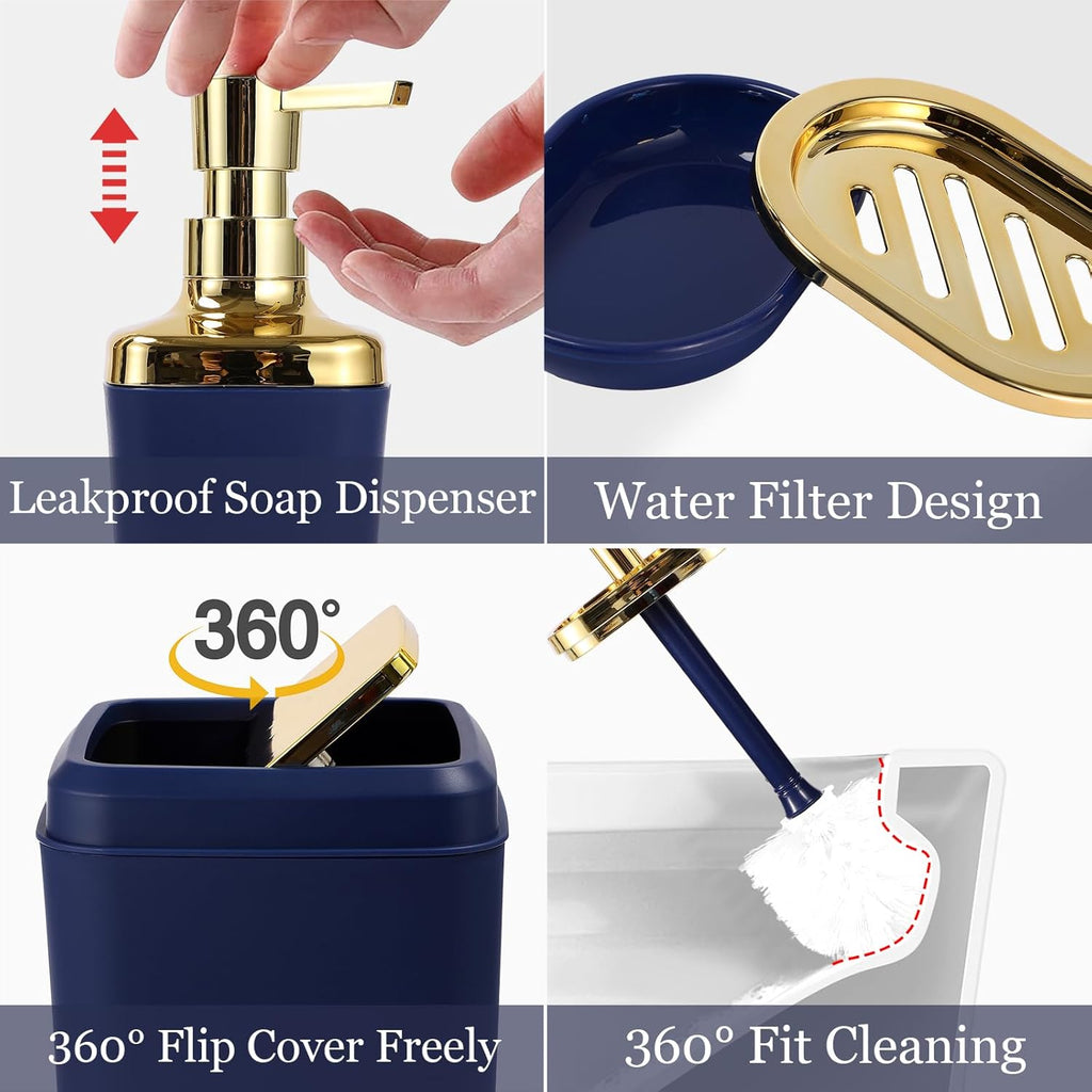 Bathroom Set - Navy Blue and Gold Bathroom Accessories Set, Bathroom Sets with Shower Curtain and Rugs, Blue Shower Curtain Set with Bathroom Trash Can, Soap Dispenser,Soap Dish for Home Decor