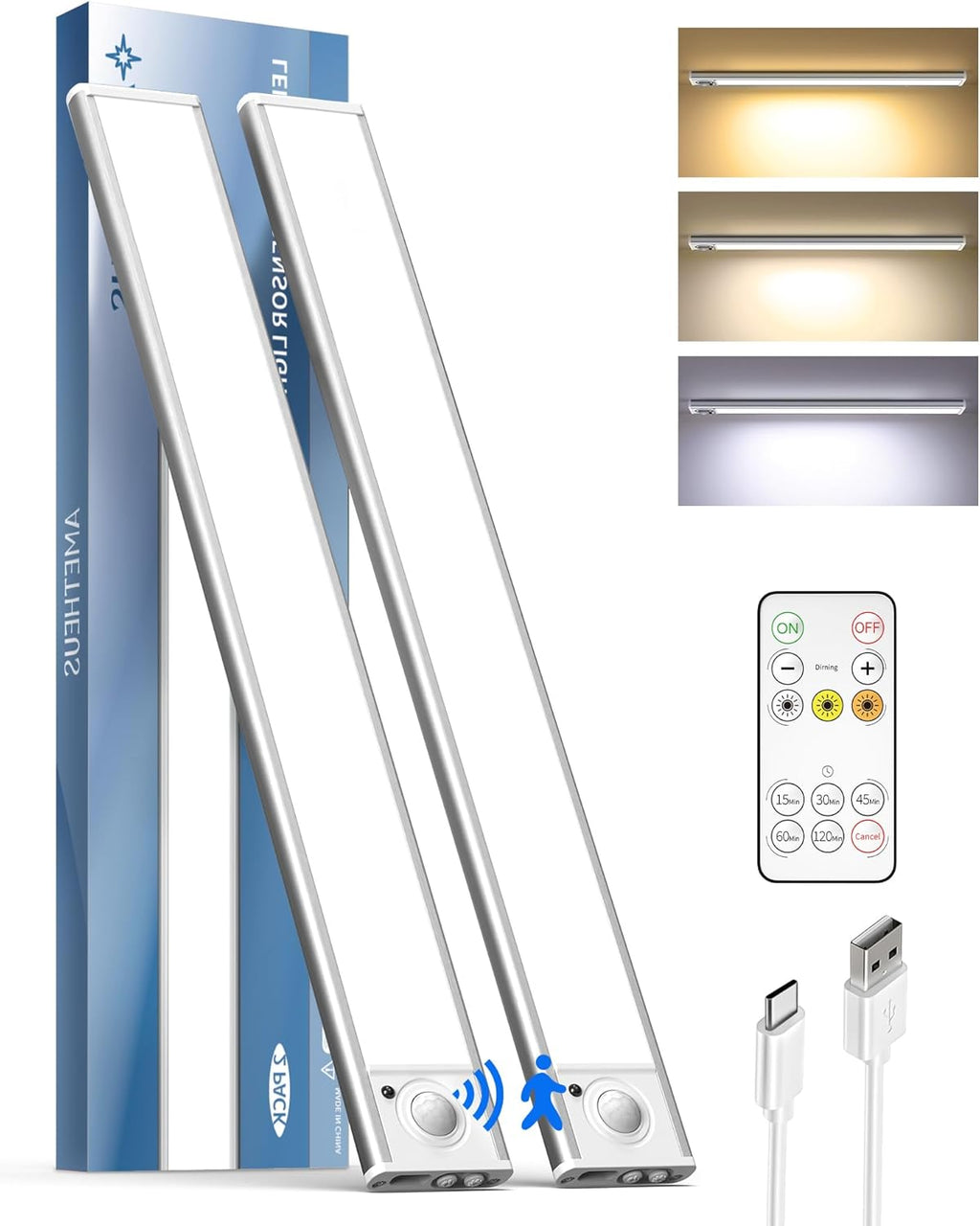 2Pack 16inch Under Cabinet Lighting, Rechargeable Motion Sensor Light Wireless Indoor, Dimmable 3 Color Temps Closet Lights with Remote, Under Counter LED Lights for Kitchen, Stairs