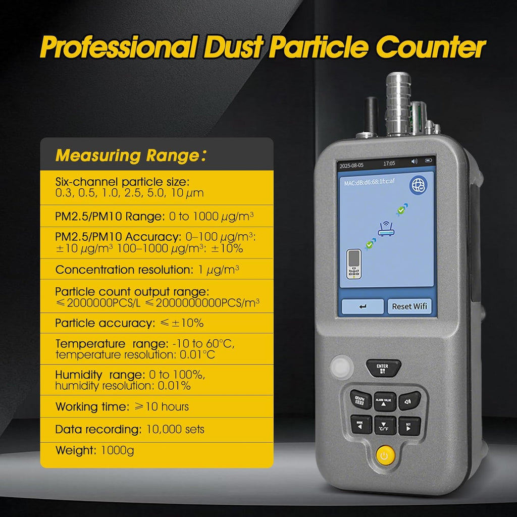 Professional Particle Counter, High Sensitivity 6-Channel PM0.3/0.5/1.0/2.5/5.0/10µm Air Pollution Monitor with Tuya APP w/Temp & Humidity USB Data Export to PC for Cleanrooms, Laboratories(RS-485)