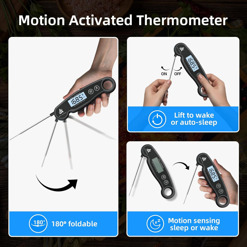 Aurasky Instant-Read Meat Thermometer Digital for Cooking and Grilling, Waterproof Food Thermometer with Backlight, Calibration & Hold Function for Kitchen, BBQ, Deep Fry, Candy, Liquid (Black)