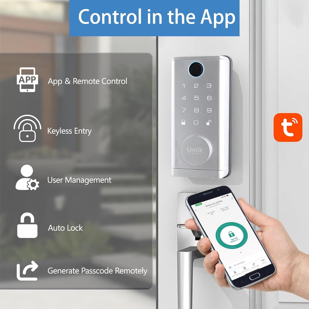 Fingerprint Door Lock with Handle Set, Keyless Entry Smart Door Lock, Electronic Keypad Deadbolt Locks, App Control for Front Door, Home (Matte Silver in Zinc)