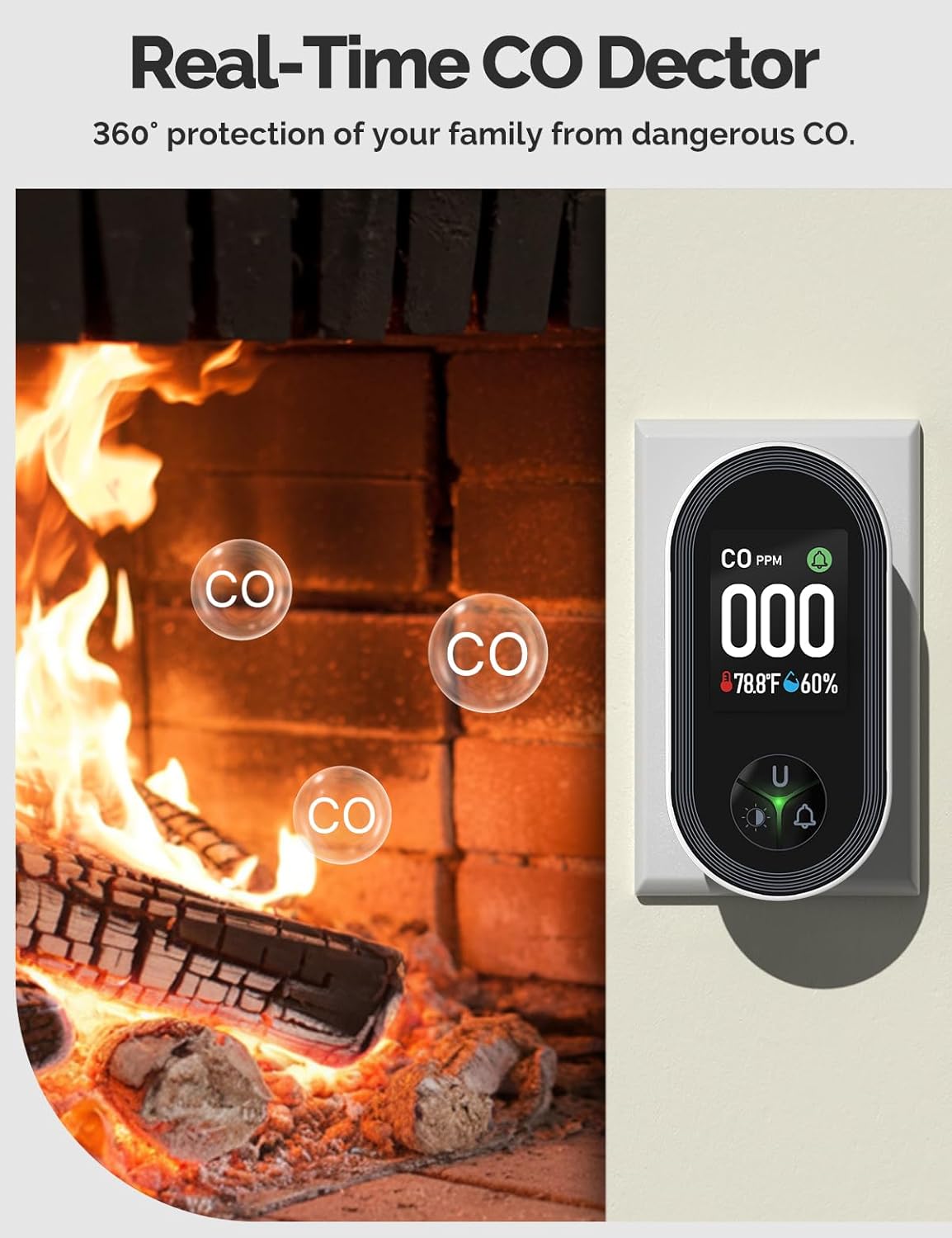 3IN1 Carbon Monoxide Detector Combination Plug in, CO Monitor with Temperature Humidity Sensor Built-in, Alarm Sound Warning for Kitchen/Garage/Fireplace/RV