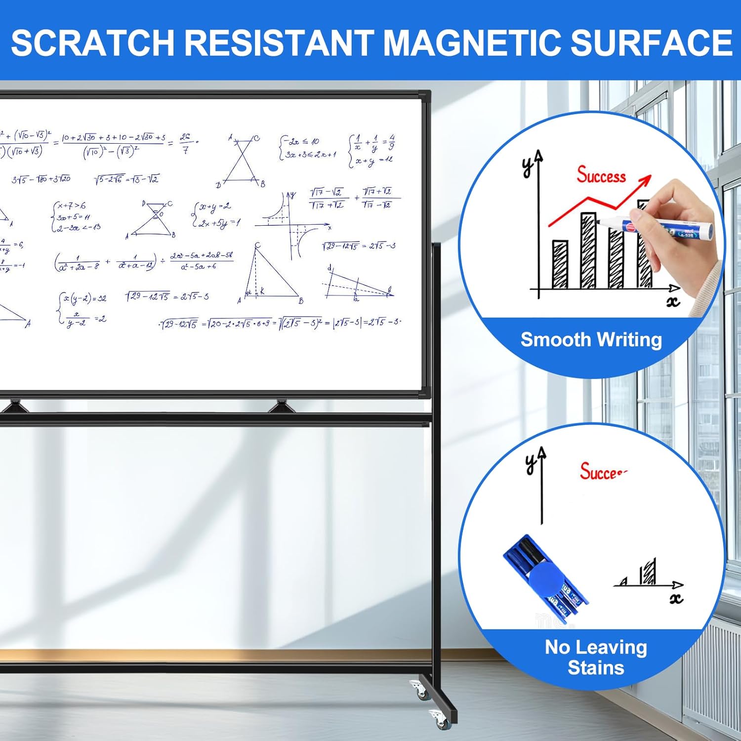 4'x8' Large Dry Erase White Board with Rolling Stand 96"x48" Double-Sided Mobile Magnetic Whiteboard on Wheels, Including 3 Magnetic Erasers, 7 Markers, 30 Magnets