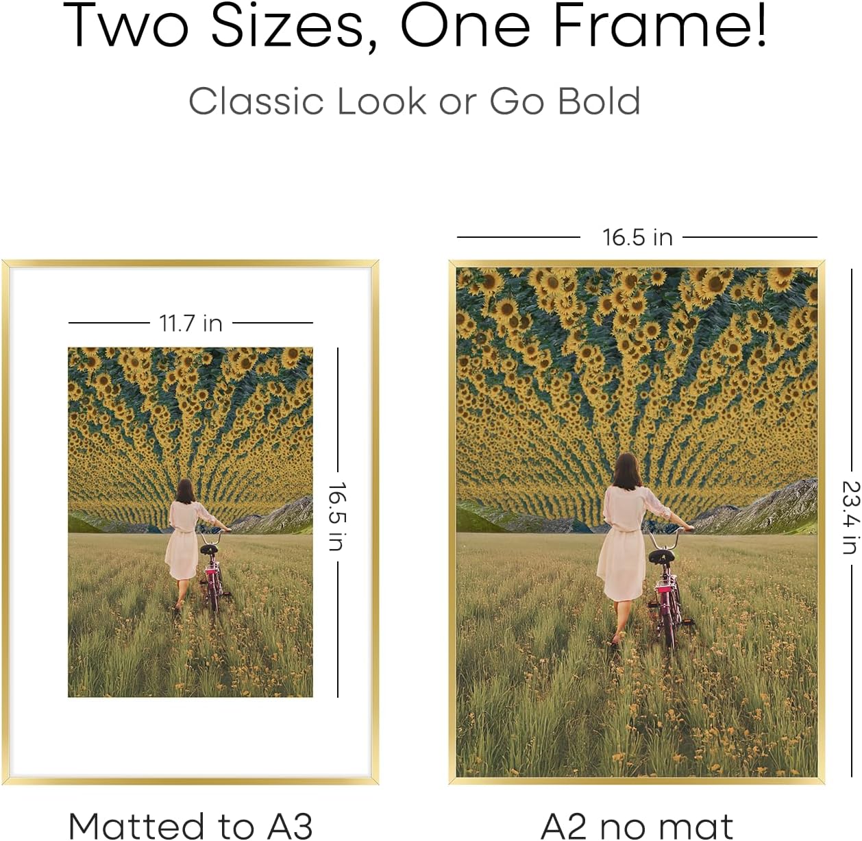 Homeoforia A2 Picture Frame Gold, High End Metal 16.5 x 23.5 inches Poster Frames with Mat 11.7 x 16.5 for Photo, A2 Size Frame Matted to A3 Print, 16.5 by 23.4 Hanging Frame, Tempered Glass, Set of 3