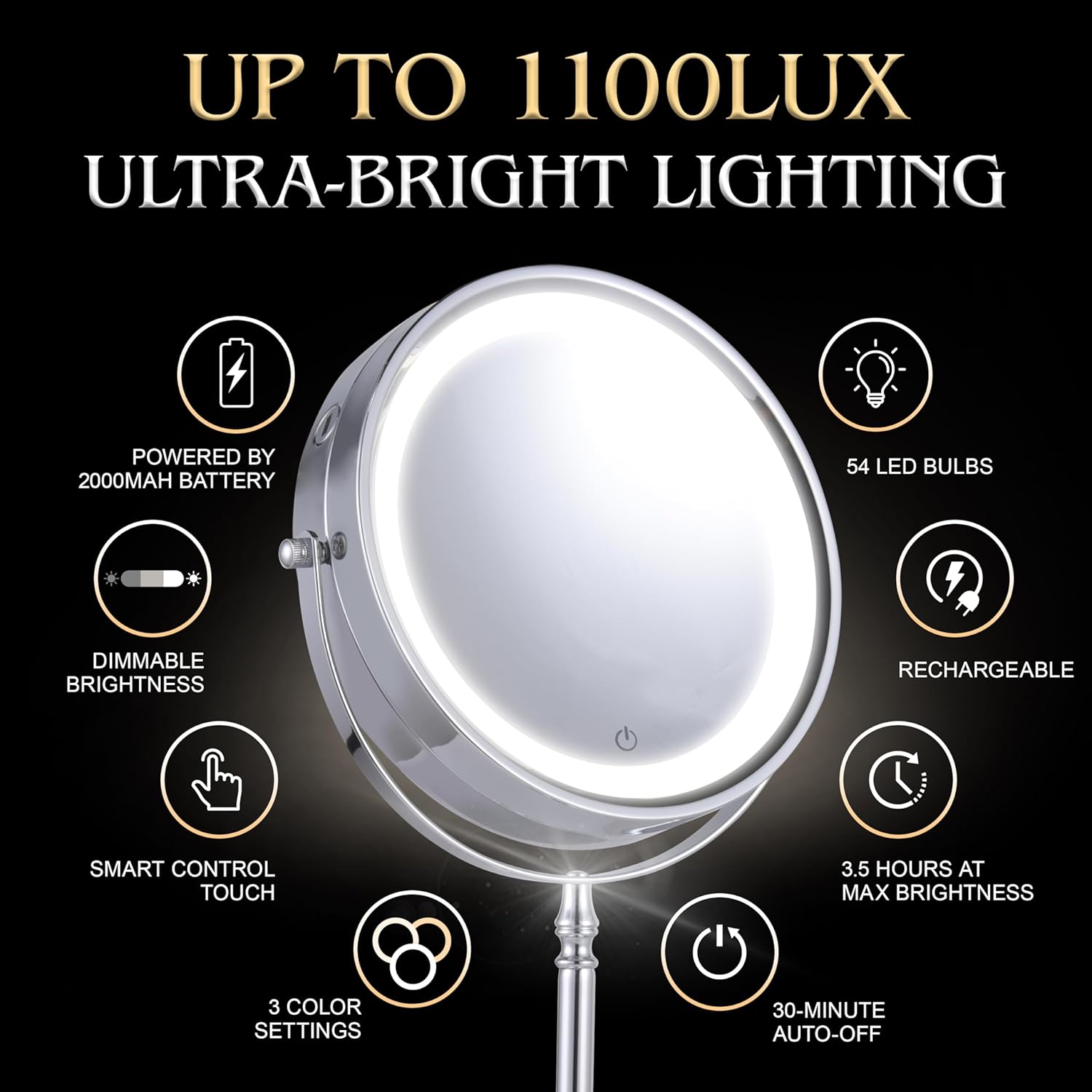 Super Zoom 15X Magnifying Makeup Mirror with Lights - 15X & 1X Make Up Vanity Mirror with 3 Lighting Modes, Rechargeable Battery with USB Cable - 8" Wide & 15" Tall (Chrome)