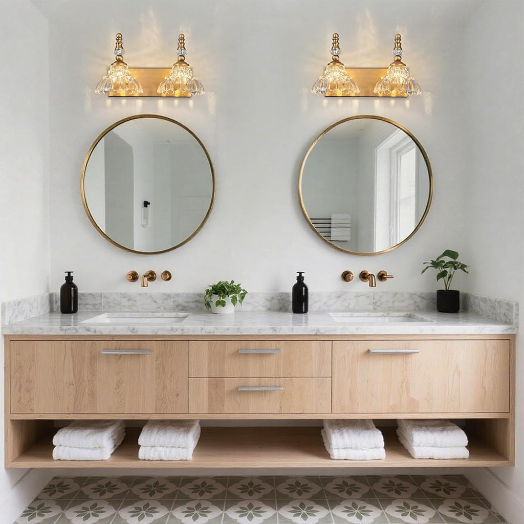 Vintage Bathroom Vanity Light, 2-Light Brass Vanity Lighting Fixture with Flower Glass Shade, Bathroom Lighting Fixtures Over Mirror