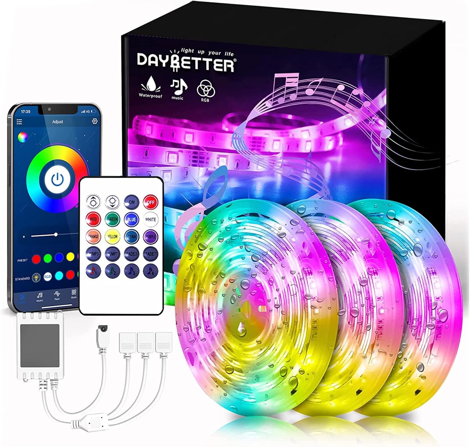 DAYBETTER Led Strip Lights Waterproof, Smart Outdoor Lights, Led Light Strips with Remote, App Control, 5050 RGB Color Changing Led Lights for Bedroom, Roof Eaves, Room Decor 50 ft(3 Rolls of 16.4ft)