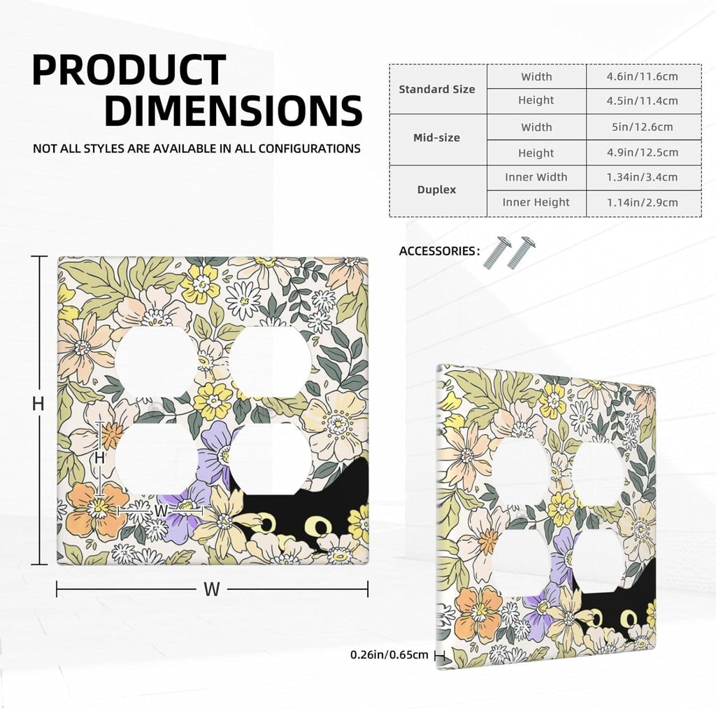 Decorative Outlet Covers Cute Black Cat in a Flower Patch Botanical Garden 2 Gang Wall Plate Double Duplex Receptacle Light Switch Covers Switch Plate Cover for Bedroom Home Decor