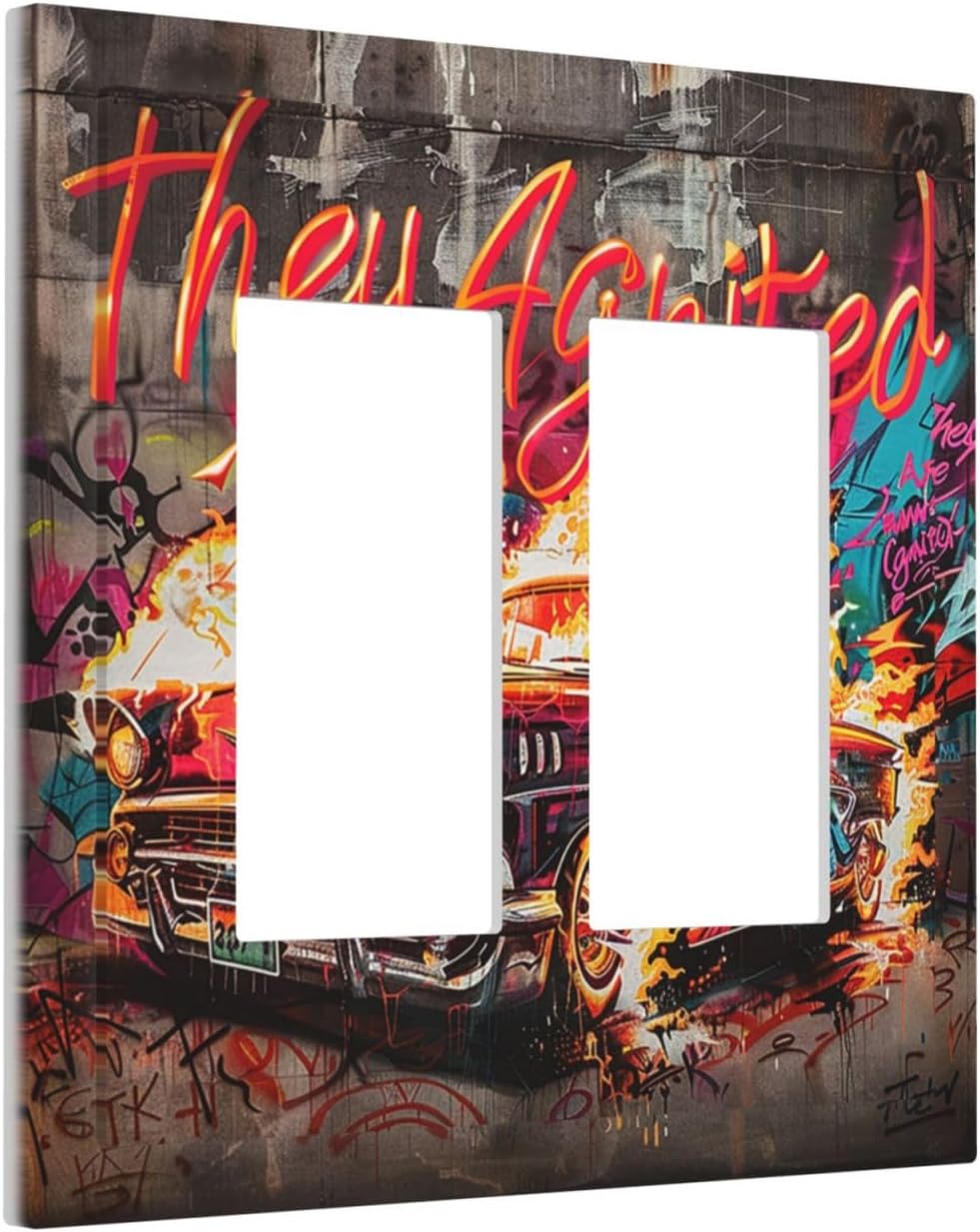 Decorative Outlet Covers Hip Hop Street Graffiti Flame Car 2 Gang Double GFCI Rocker Electrical Wall Panels Light Switch Cover Plate for Bedroom living Room Decor